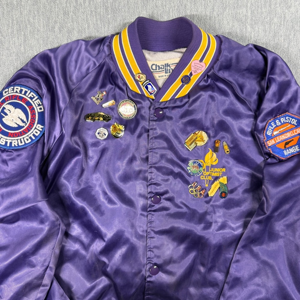 Chalk Line Jacket Mens M Purple Satin San Leandro Optimist Club Pins Vintage USA